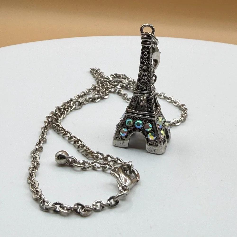 Eiffel Tower Necklace AB Rhinestone Silver Tone Paris Travel Pendant Charm Gift